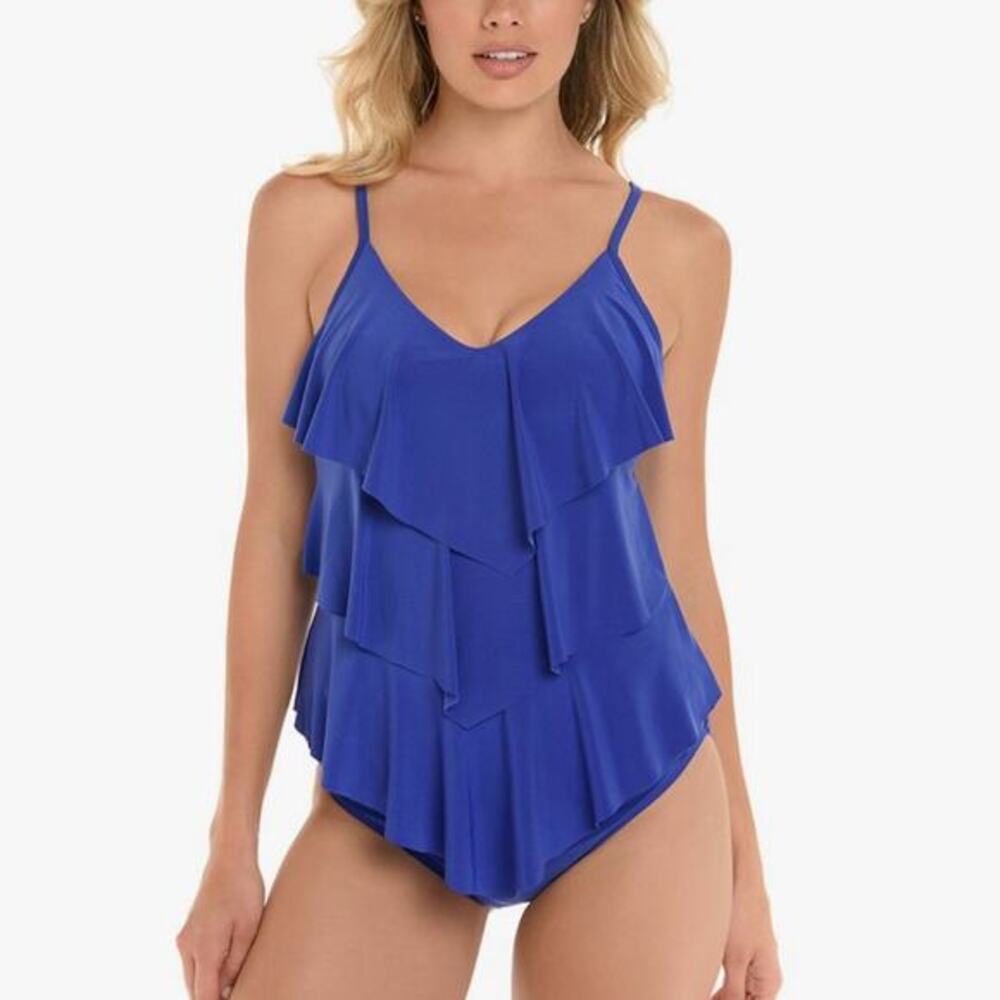 Magicsuit Womens 10 Tankini‎ Top Blue Triple Tier Ruffle Adjustable Straps